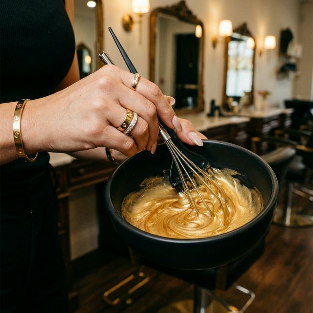 Hair stylist mixing golden dye